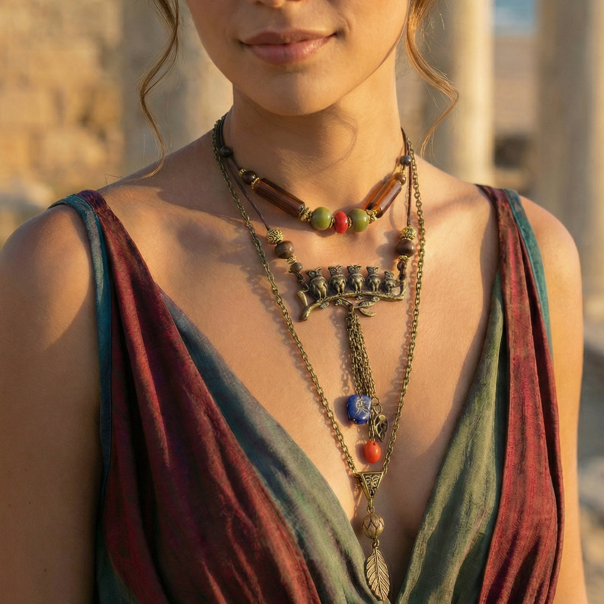Woman wearing a layered necklace with colorful beads and a deep neckline top.