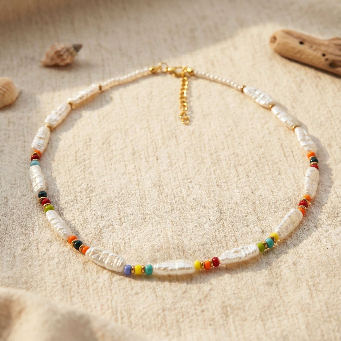 Necklace with pearls and colorful beads on a sandy background