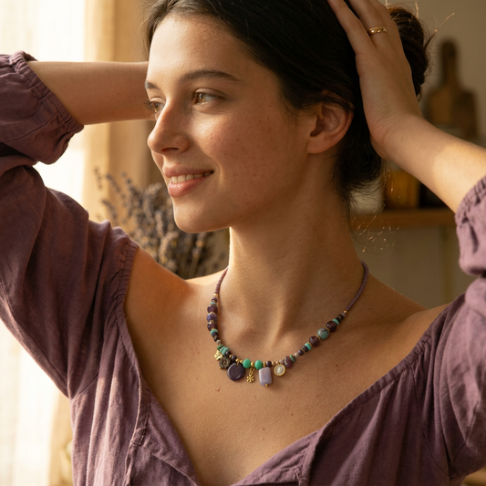 A woman wearing a beaded necklace with purple, turquoise, and gold beads, paired with a dusty purple blouse in a warm, softly lit indoor setting.