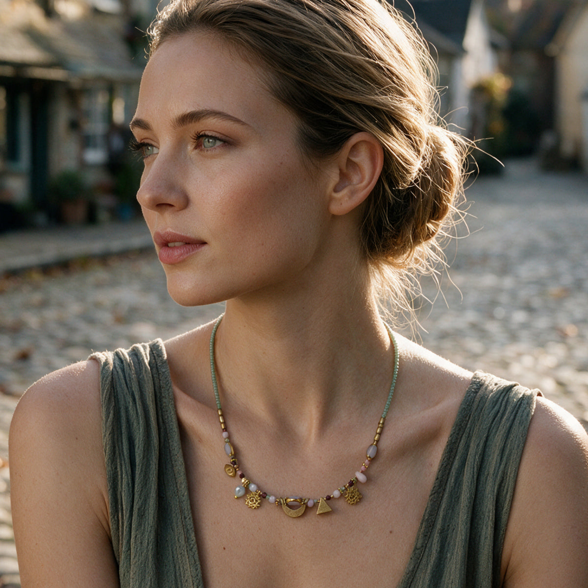 A woman with her hair in a low bun is shown in profile wearing a delicate gold necklace with small charms, including a crescent moon and a small triangle, on a cobblestone street.