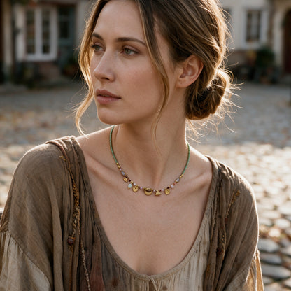 A woman wearing a delicate beaded necklace with gold-toned crescent moon charms, photographed outdoors in warm natural light.