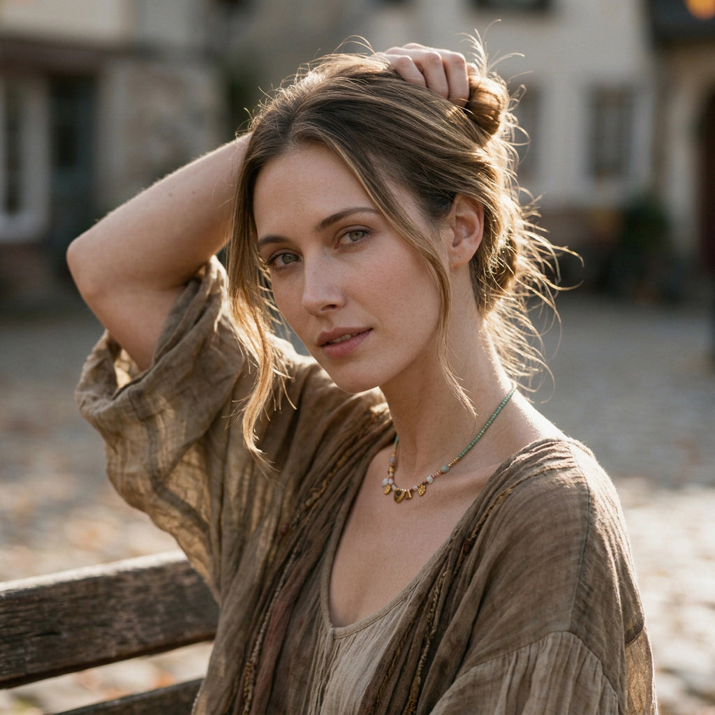 A woman with light brown hair in a messy bun wearing a textured brown bohemian-style top and a delicate gold necklace, posing outdoors on a wooden bench with a blurred background.