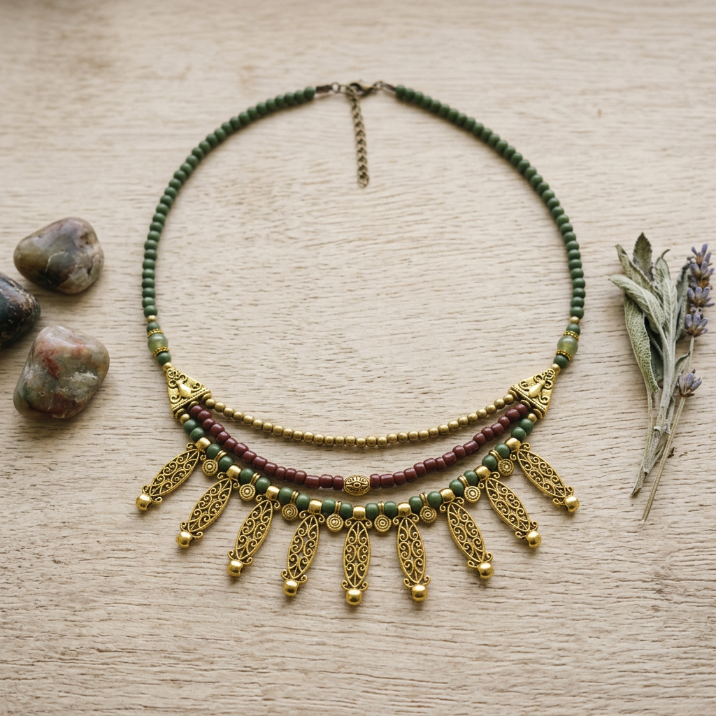 A bohemian-style beaded necklace with green, burgundy, and gold beads, featuring dangling gold filigree leaf-shaped charms, displayed on a light wood background with decorative stones and dried lavender.