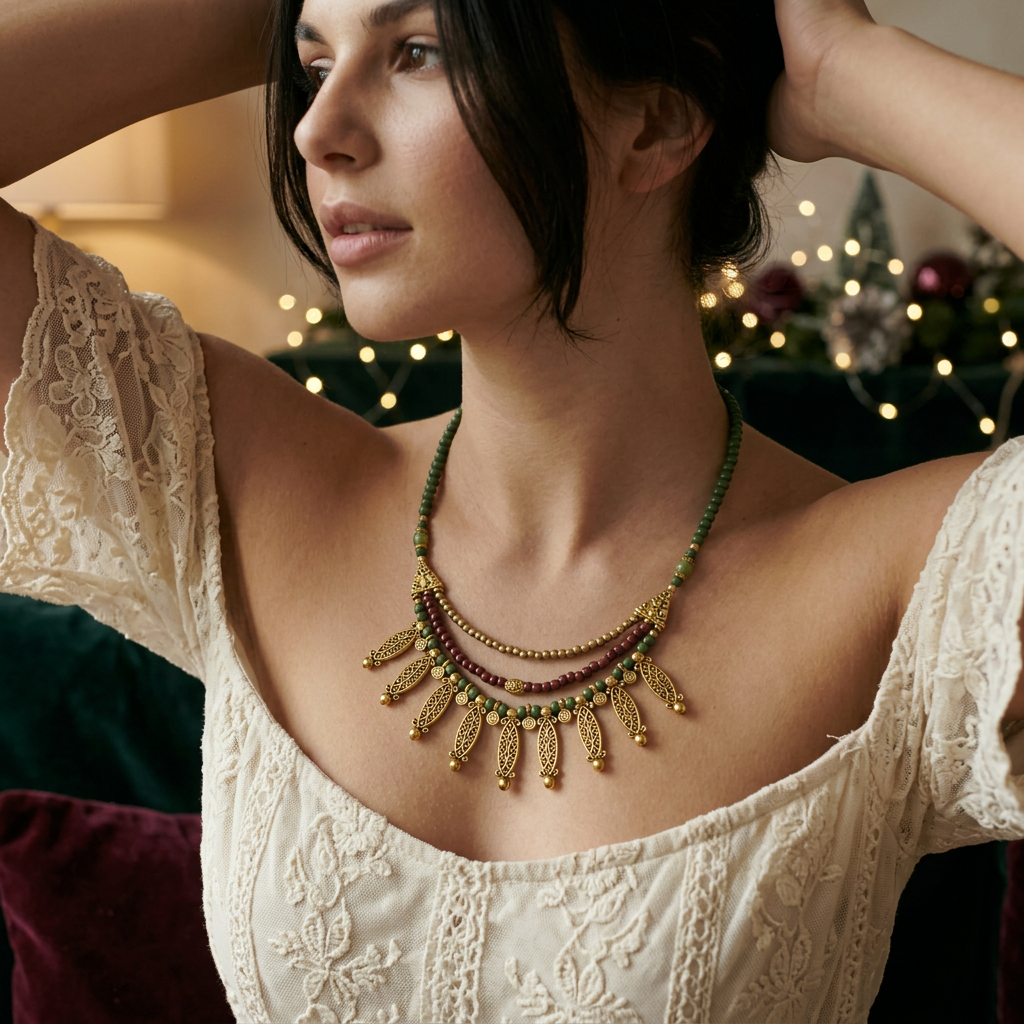 A woman wearing a multi-strand statement necklace with gold-tone filigree and green beads, styled with a cream lace top against a warm, softly blurred holiday background.