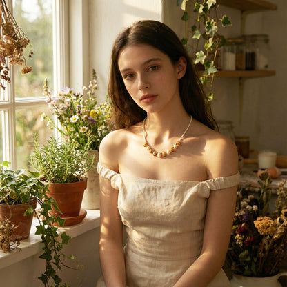 Woman in a light dress standing in a sunlit room with plants