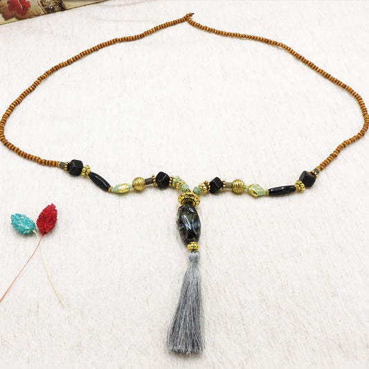 Long Boho Beaded Necklace with Tassel