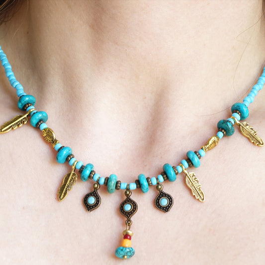 Turquoise Beaded Feather Necklace