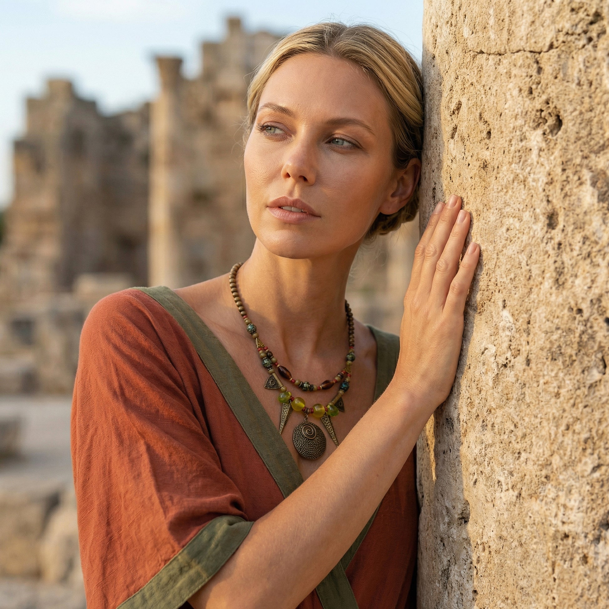 Woman in ancient attire leaning against a stone wall with ruins in the background