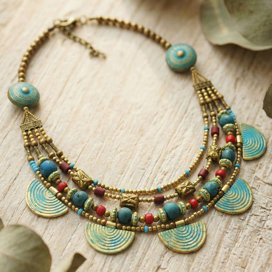 Turquoise Ginkgo Beaded Layered Necklace - Verna Artisan Works