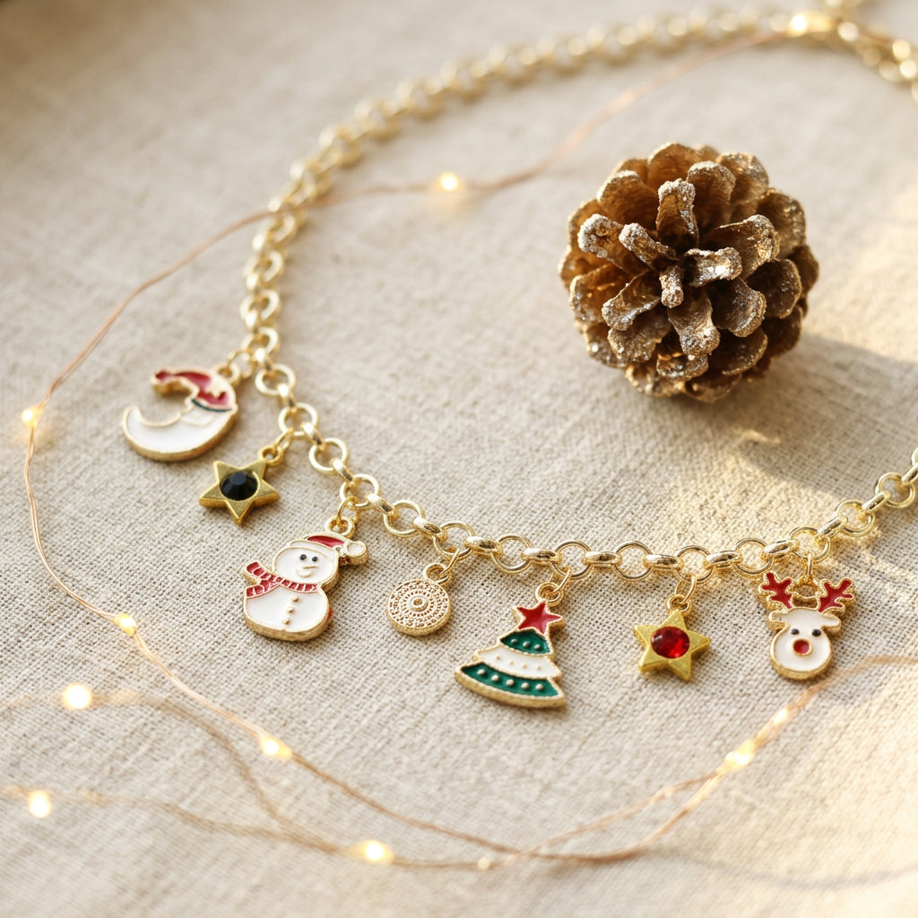 A gold-toned holiday charm necklace laid on a beige fabric surface with warm fairy lights and a pinecone prop. The necklace has multiple small Christmas-themed charms including a snowman, tree, stars, and a moon.