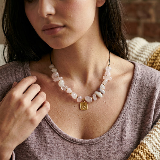 A close-up lifestyle shot of a woman wearing a chunky beaded necklace made of light pinkish-white Rose Quartz stones with a small gold pendant, paired with a mauve top.