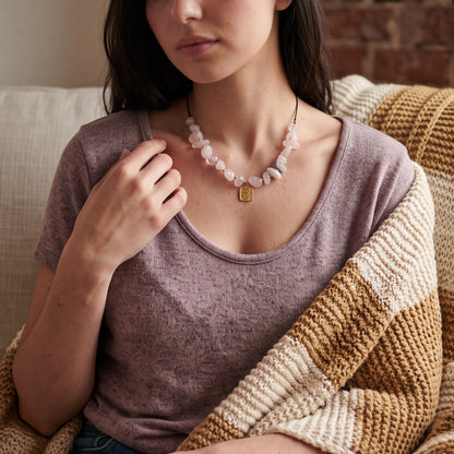 A woman wearing a chunky necklace made of light pink stone beads with a small gold square pendant, styled with a mauve t-shirt and a beige and brown striped knit blanket on a couch.