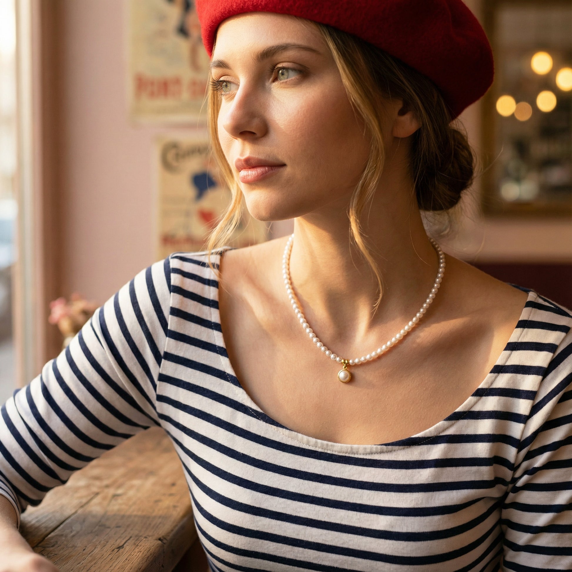 Woman wearing a red beret and striped shirt in a cozy indoor setting