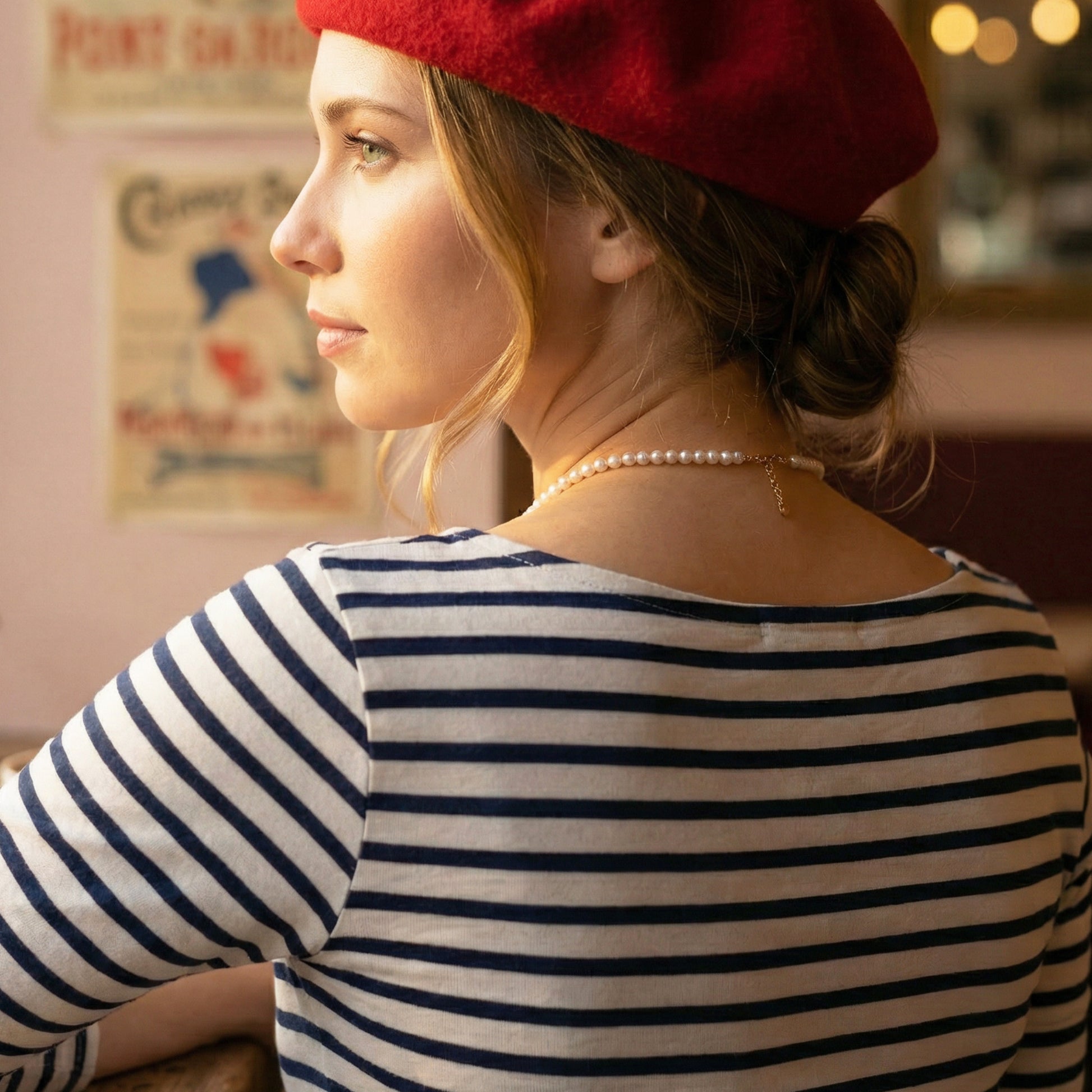 Woman wearing a red beret and striped shirt in a cozy setting