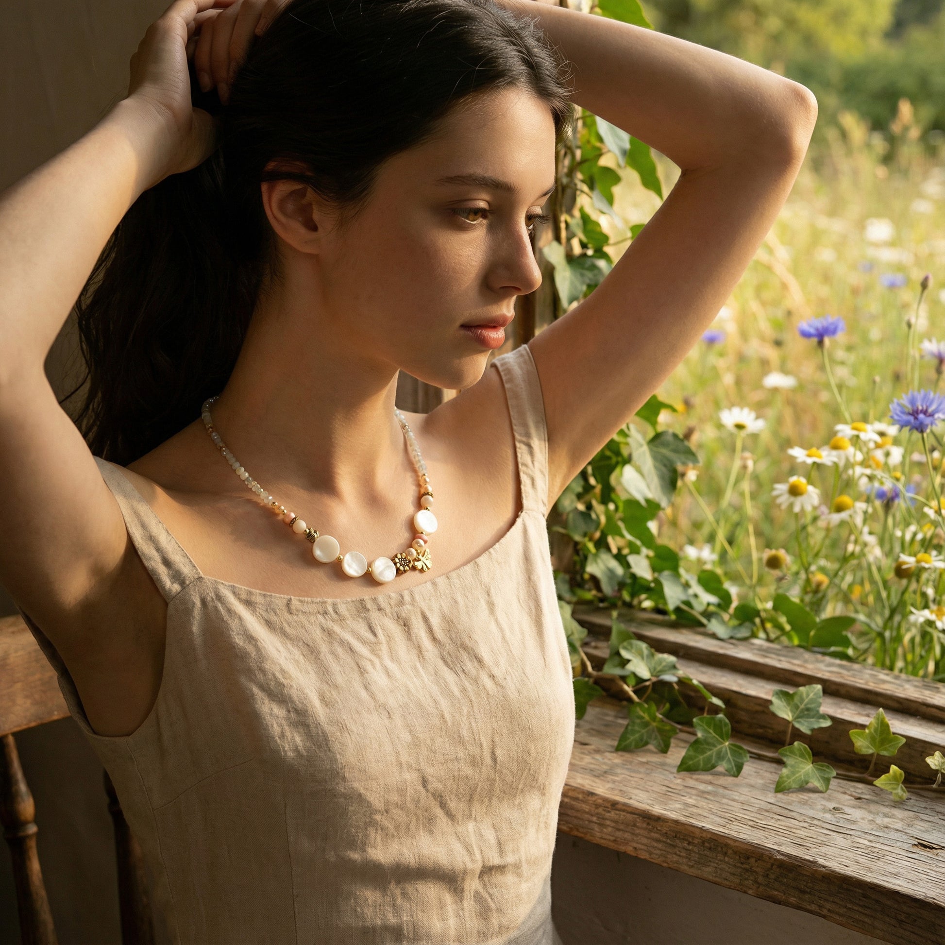 Woman in a beige sleeveless top standing by a window with flowers outside