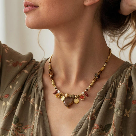 Woman wearing a floral blouse and a beaded necklace with a neutral background