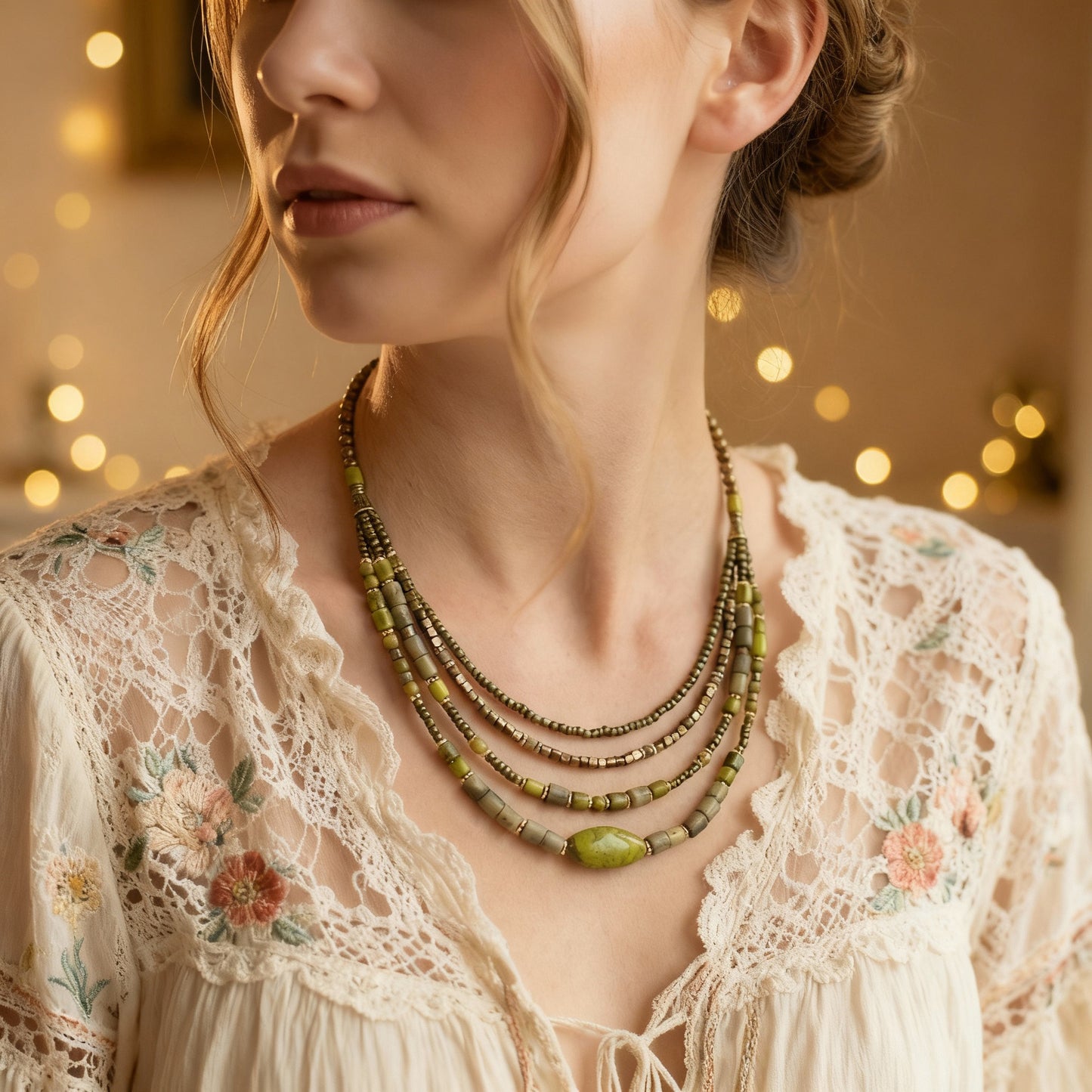 Woman wearing a beaded necklace with a blurred bokeh background