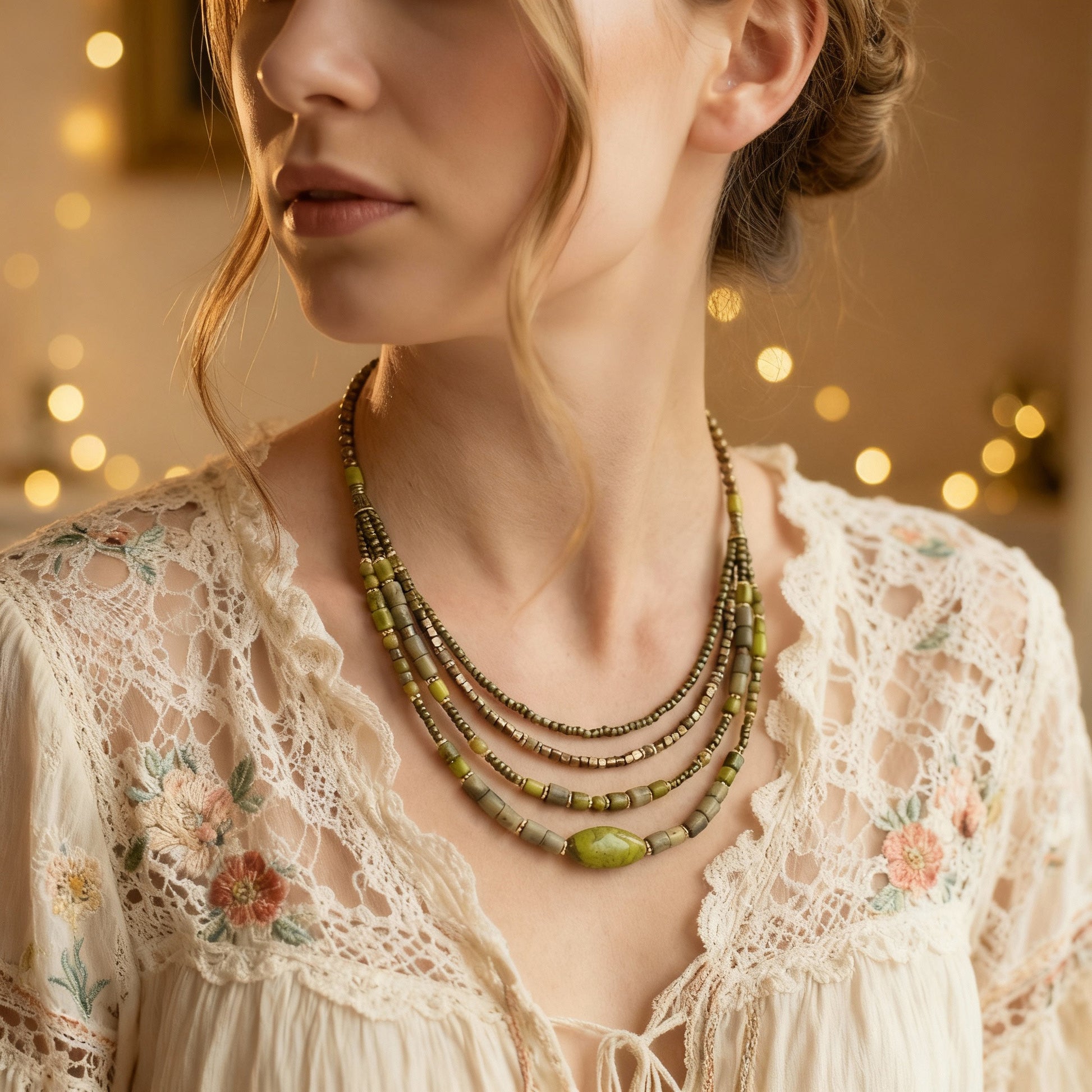 Woman wearing a beaded necklace with a blurred bokeh background