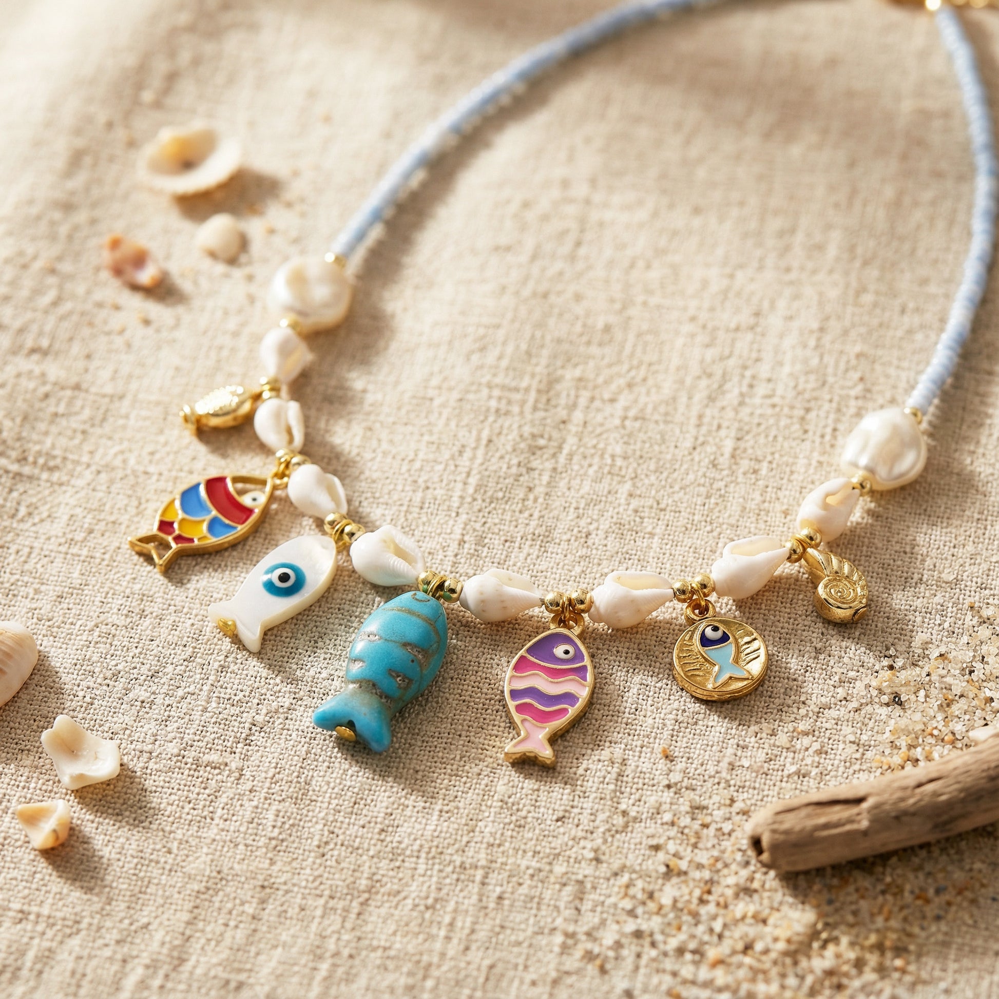 Necklace with colorful fish charms on a textured surface