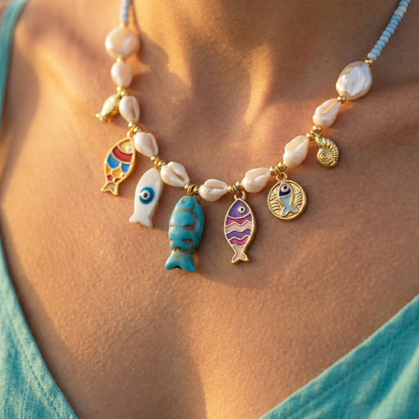 Necklace with colorful fish charms and shell beads on a person wearing a teal top.
