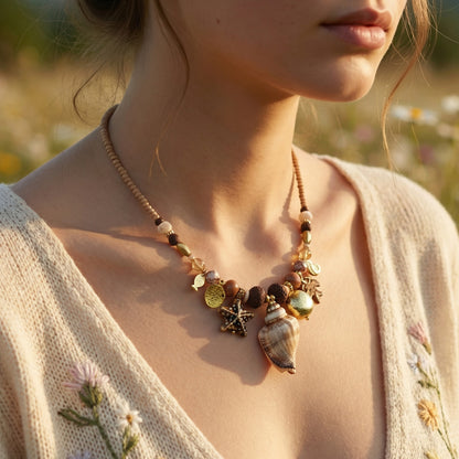 Close-up of a person wearing a decorative necklace with natural elements in a blurred outdoor setting.