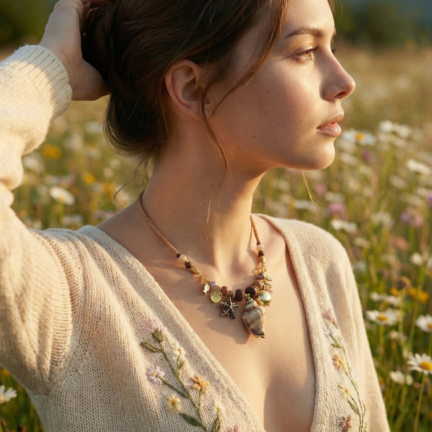 Woman wearing a necklace with seashells in a field of flowers