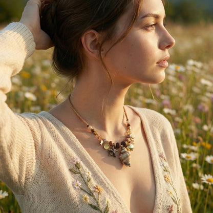 Woman wearing a necklace with seashells in a field of flowers