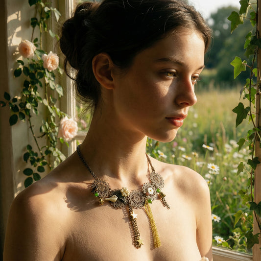 Woman wearing a decorative necklace in a garden setting