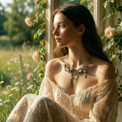 Woman in a lace dress sitting by a window with flowers and greenery outside