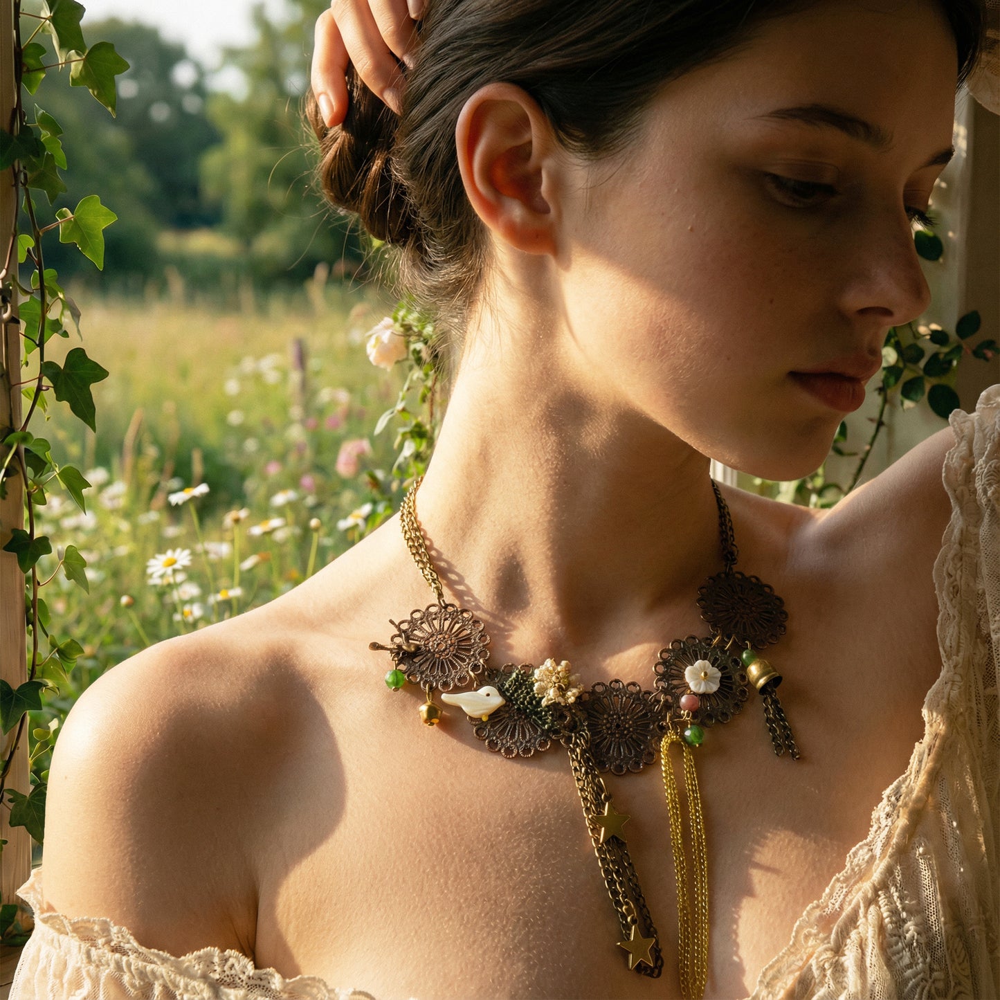 Woman wearing a decorative necklace in a natural setting with greenery and flowers.