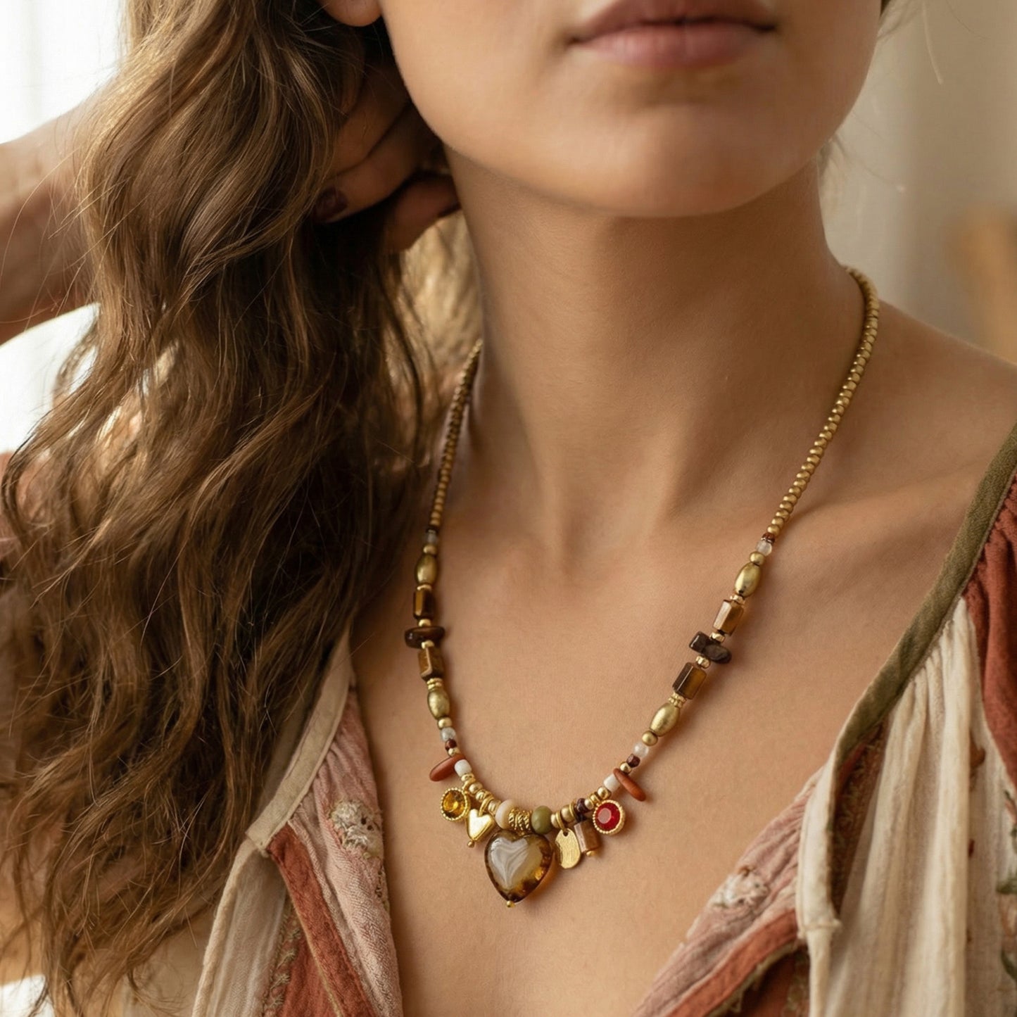 Close-up of a woman wearing a beaded necklace with a neutral background