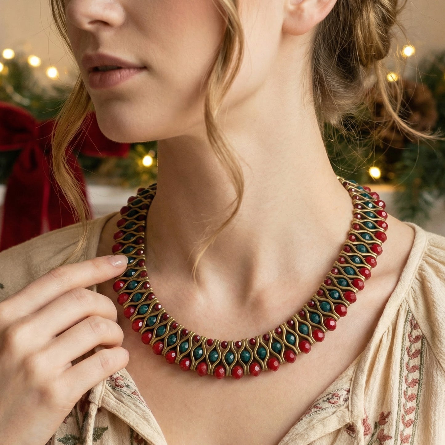Red & Green Beaded Statement Necklace - Verna Artisan Works
