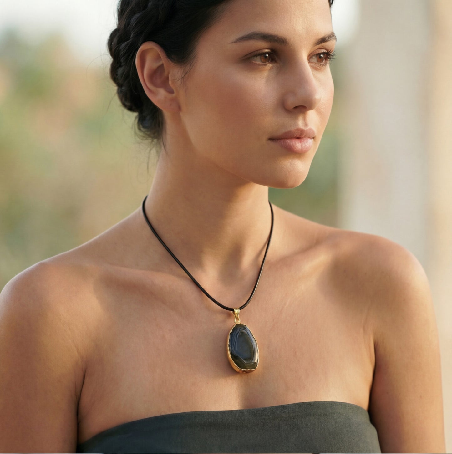 Woman wearing a necklace with a pendant outdoors
