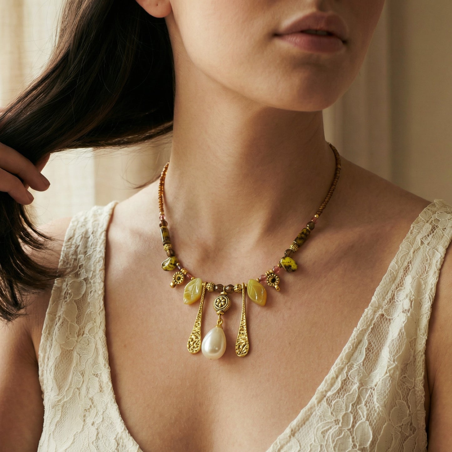 Close-up of a woman wearing a detailed necklace with a blurred background