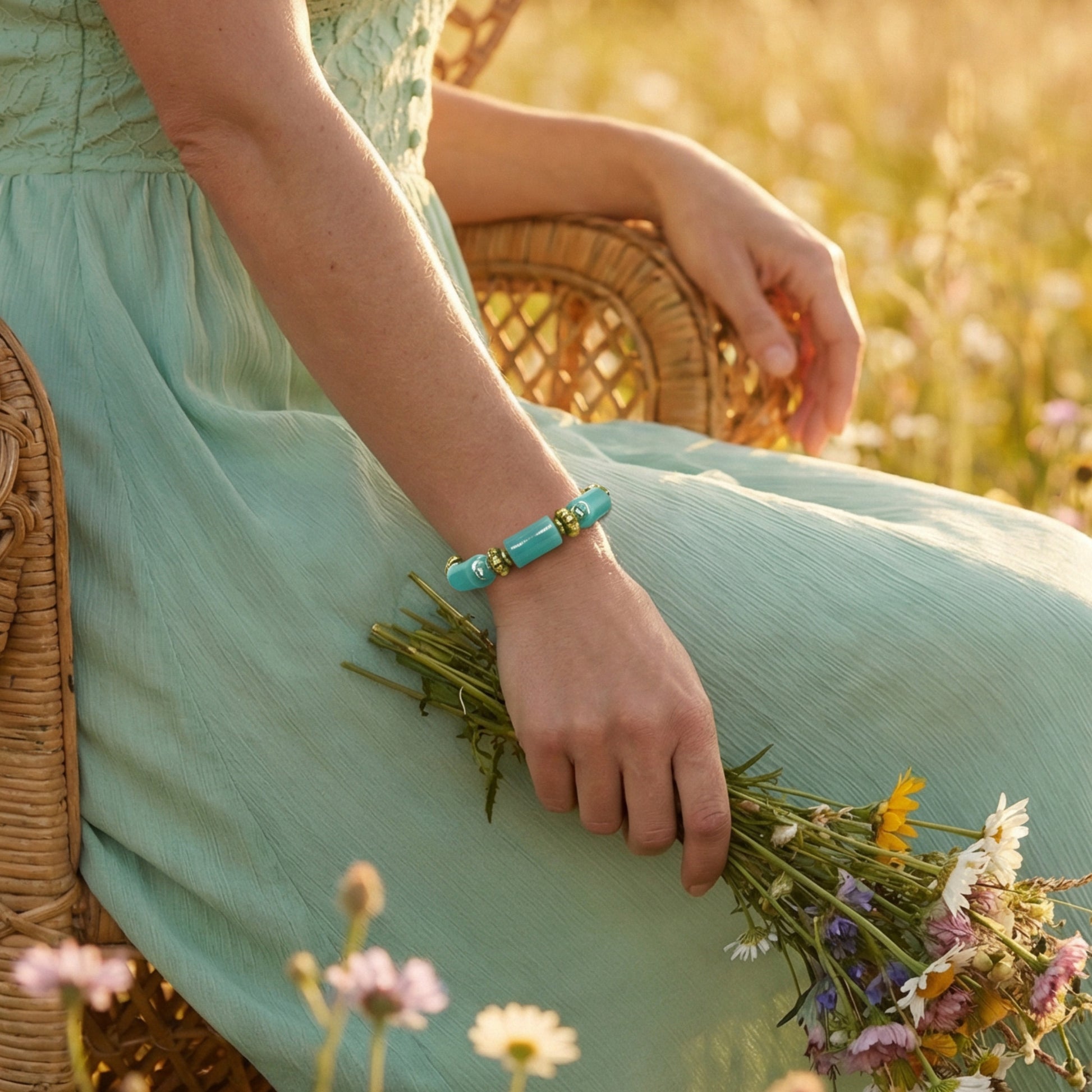 Person in a light green dress holding a bouquet of wildflowers in a field.