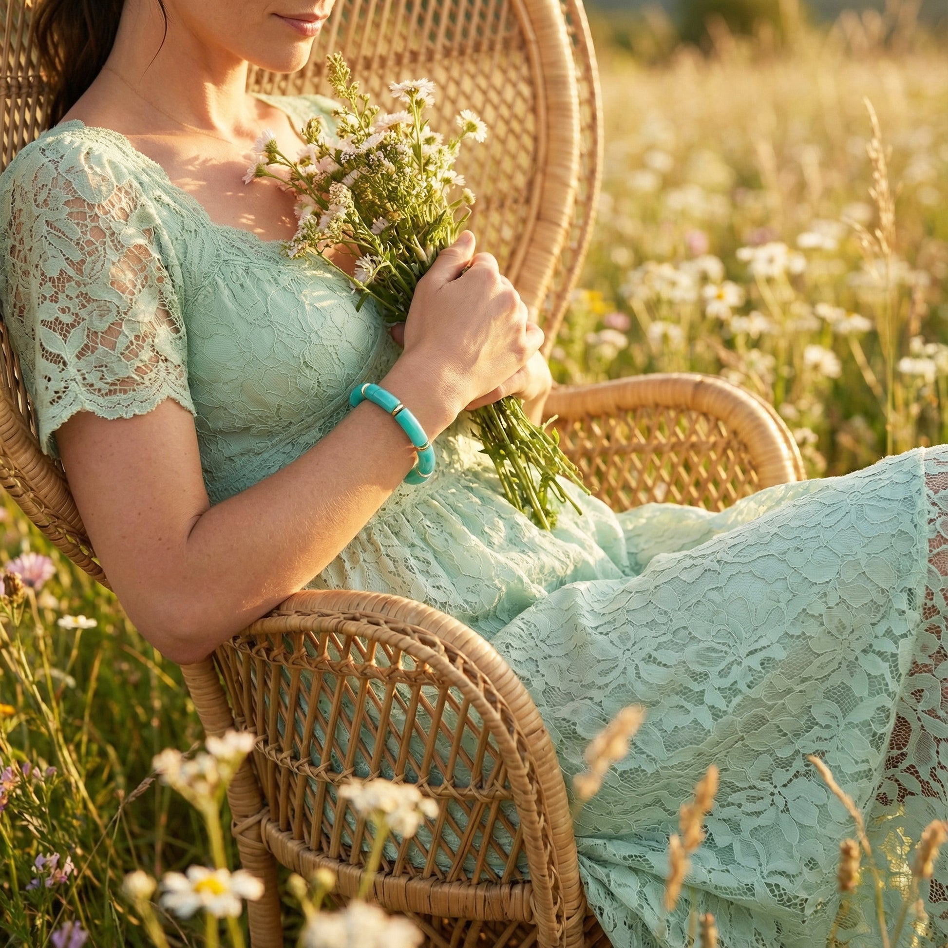 Woman in a light green lace dress holding flowers, sitting on a wicker chair in a field.