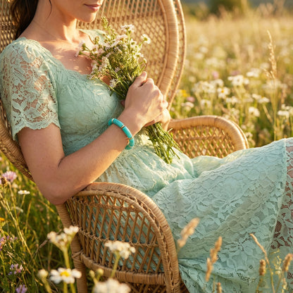 Woman in a light green lace dress holding flowers, sitting on a wicker chair in a field.