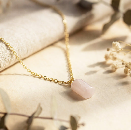 Rose Quartz Necklace on a soft beige background