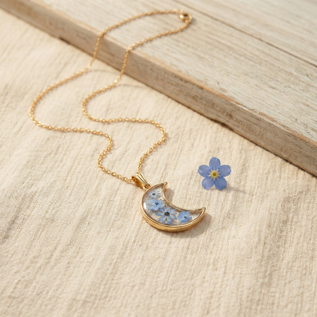 Crescent Moon Forget-Me-Not Necklace - Verna Artisan Works