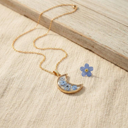 Crescent Moon Forget-Me-Not Necklace - Verna Artisan Works