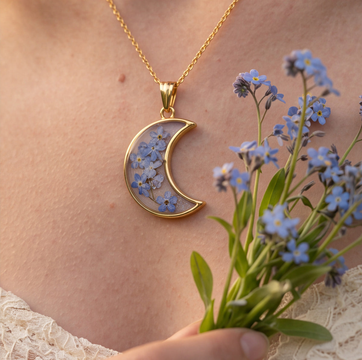 Crescent Moon Forget-Me-Not Necklace - Verna Artisan Works