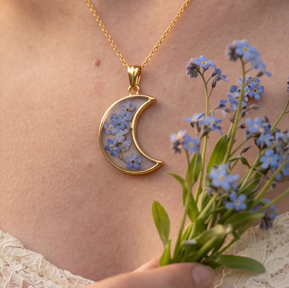 Crescent Moon Forget-Me-Not Necklace - Verna Artisan Works