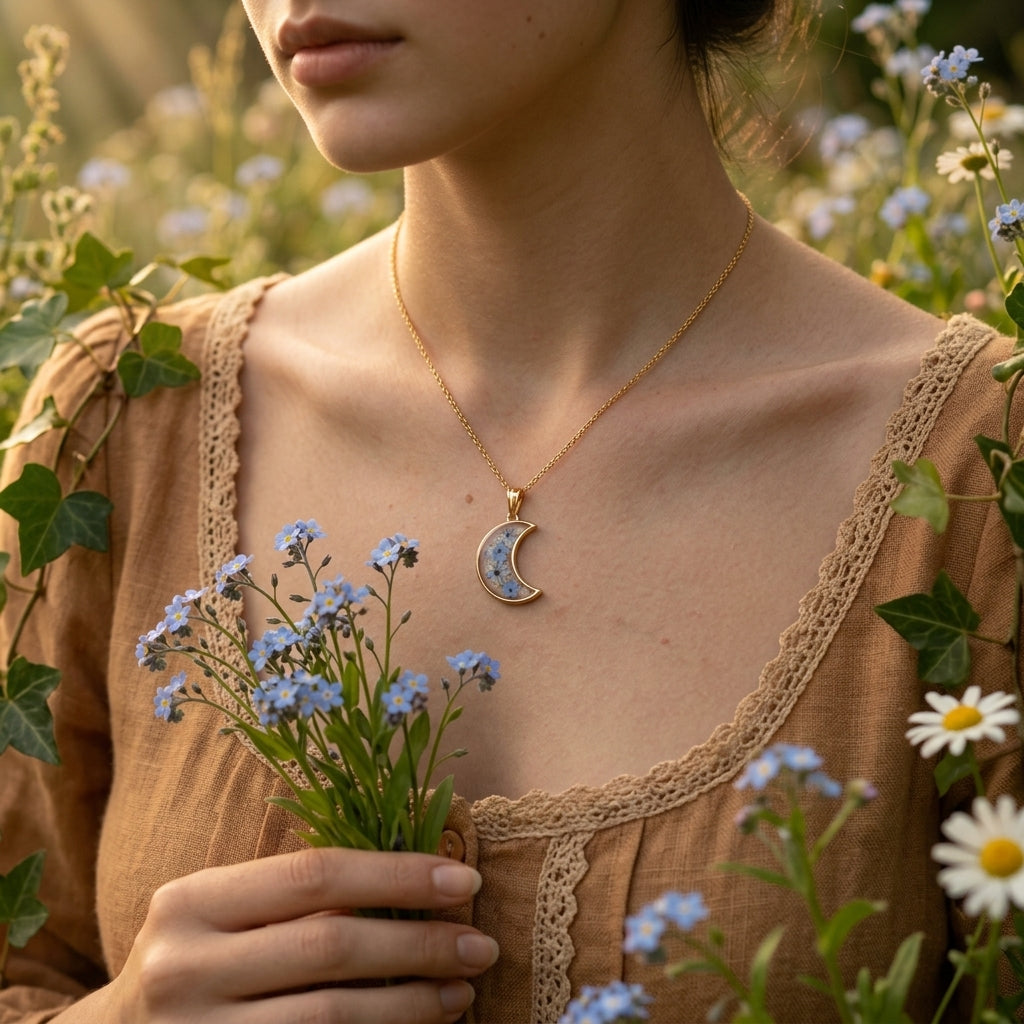Crescent Moon Forget-Me-Not Necklace - Verna Artisan Works