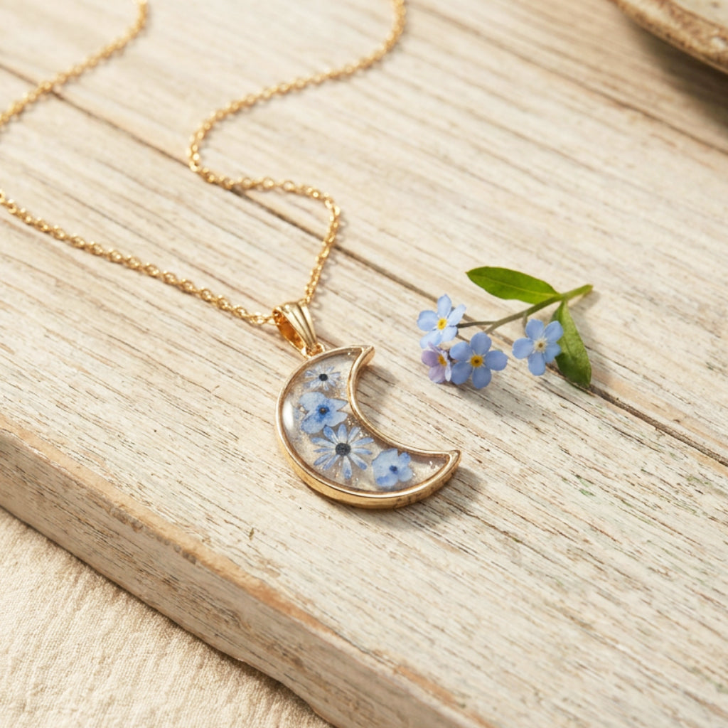 Crescent Moon Forget-Me-Not Necklace - Verna Artisan Works