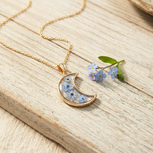 Crescent Moon Forget-Me-Not Necklace - Verna Artisan Works