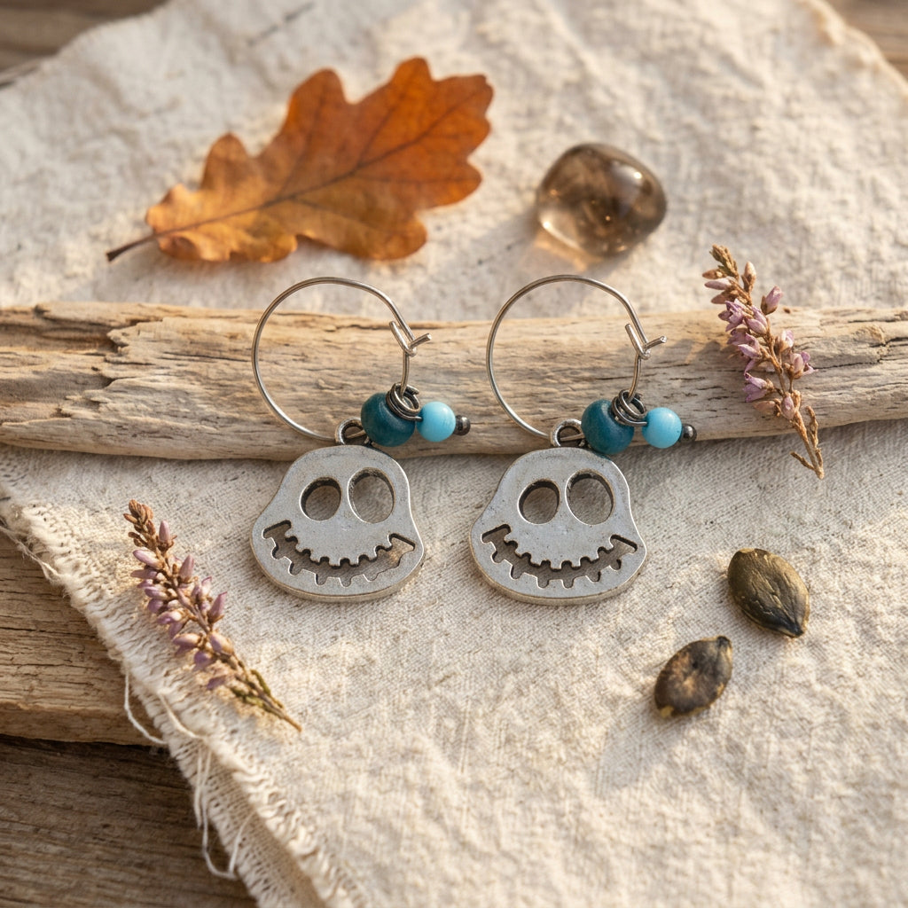 A pair of silver-toned ghost dangle earrings with small turquoise blue beads, displayed on a rustic wood branch over a textured beige linen cloth with dried flowers and autumn leaves.