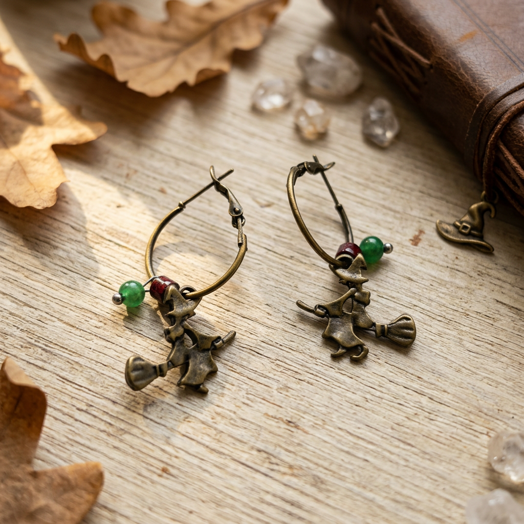 A pair of witch-themed hoop earrings with bronze-colored metal, small green and red beads, and a hanging witch figure charm, displayed on a rustic wooden surface with dried leaves and crystals.