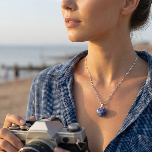 Woman holding a vintage camera on a beach with a necklace featuring a heart-shaped pendant.