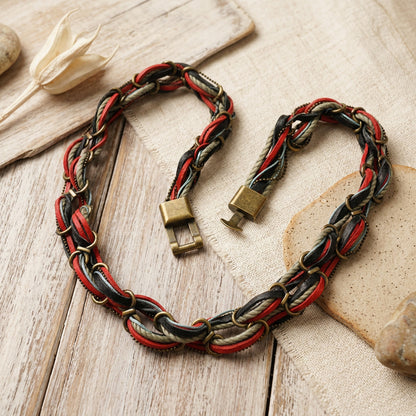 Multi-Color Woven Leather & Brass Ring Choker Collar