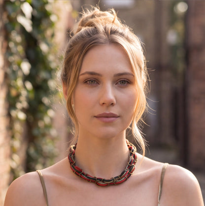 Multi-Color Woven Leather & Brass Ring Choker Collar
